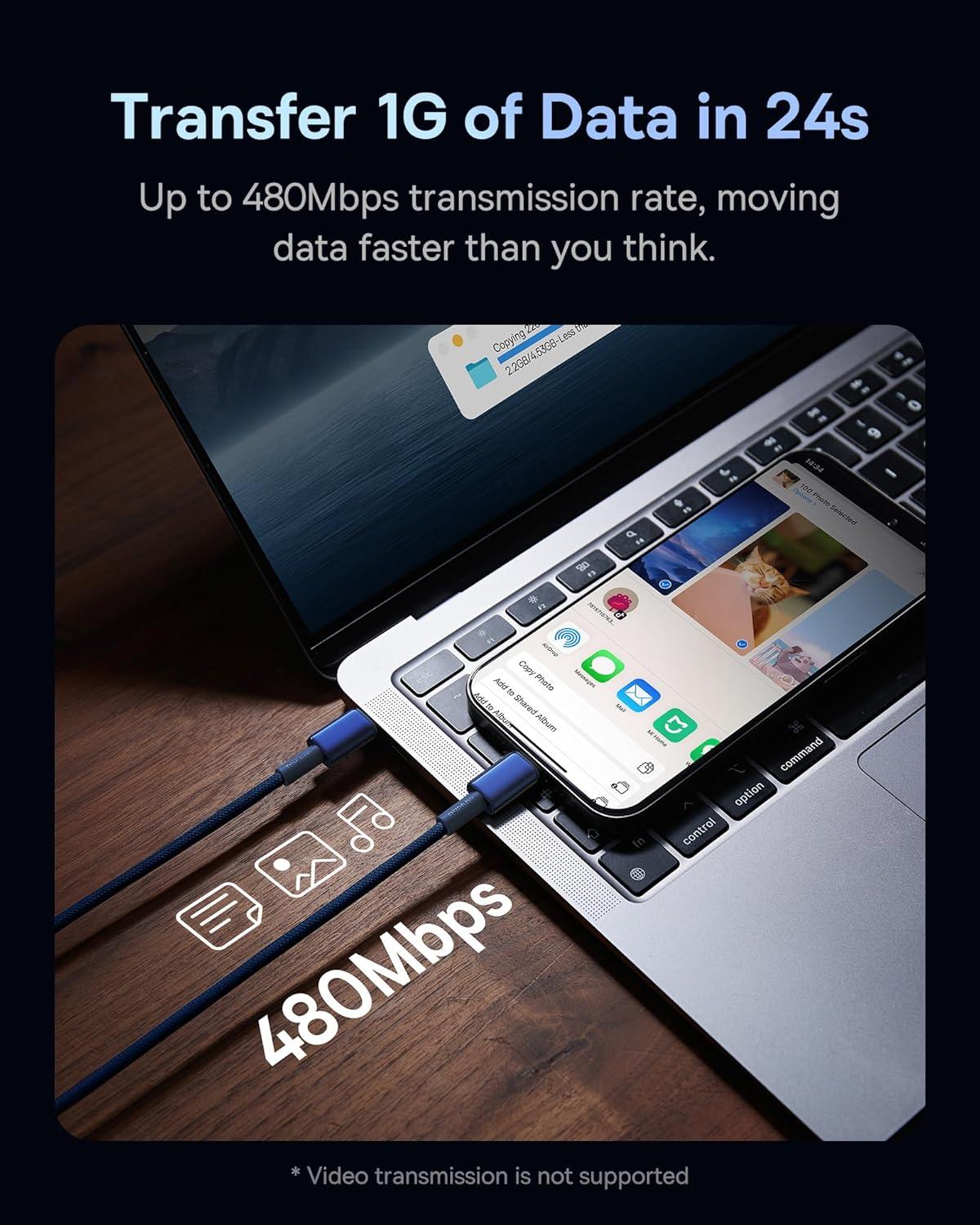 imageBaseus USB C Cable 100W PD 5A QC 40 Fast Charging USBC to USBC Cable Zinc Alloy Nylon Braided Type C Charger Cord for iPhone 17 16 Pro Plus Pro Max MacBook iPadmini Samsung S23S22Blue