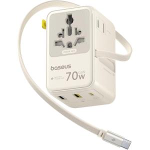 imageBaseus 70W Universal Travel Adapter with Retractable Cable 6in1 International Plug Adapter USBC PD Fast Charging Worldwide Wall Charger for USAEUUKAUS and Over 200 Countries  Enercore CG1170WOff White