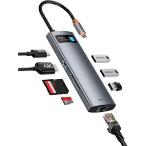 imageBaseus Laptop Docking Station 4K Multitasking Docking Station with 2 HDMIDP PD 3 USBA RJ45 Audio TFSD Card Reader USB Hub Compatible for MacBookDellHPSurfaceLenovo8 in 1