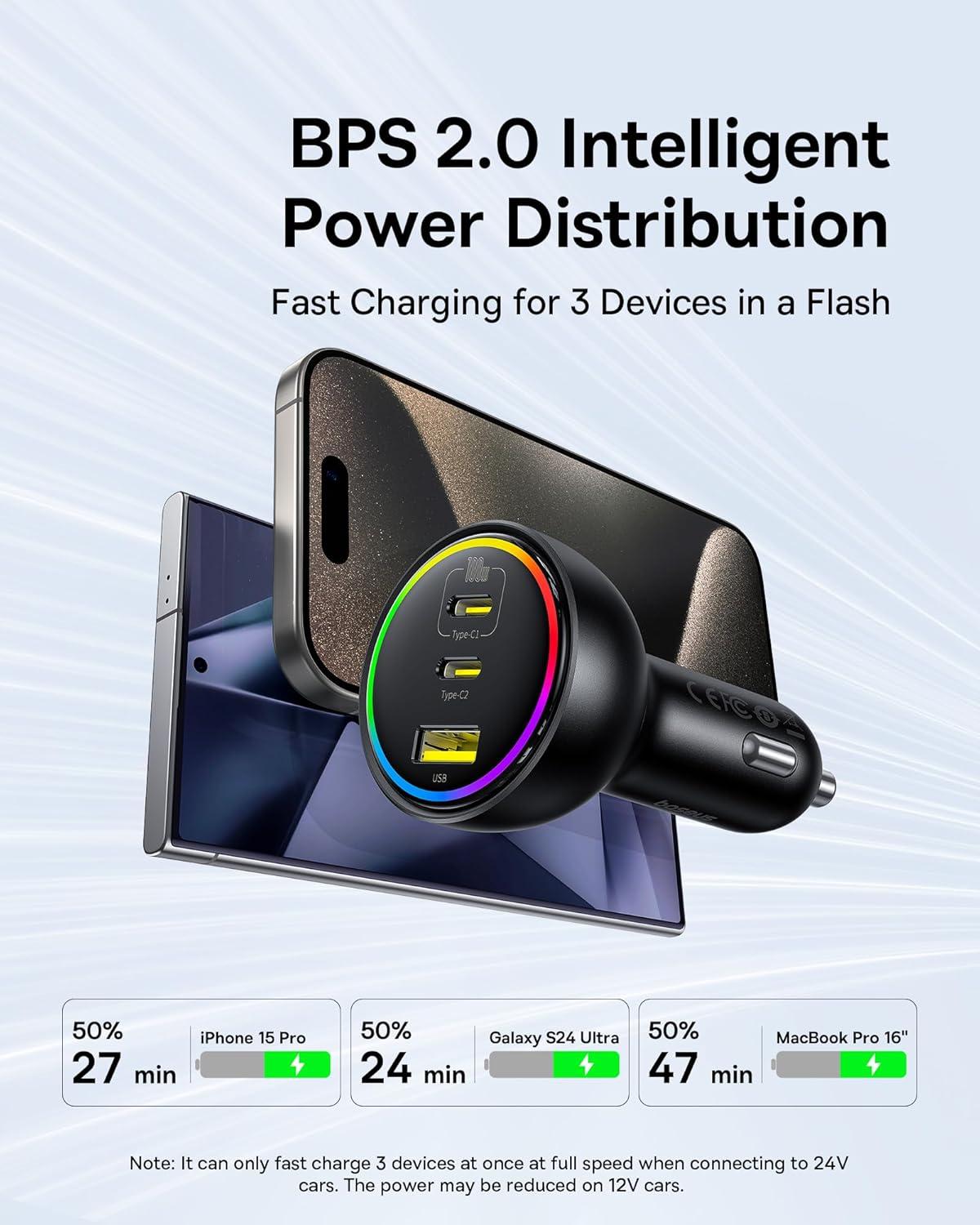 image1525W USB C Car Charger Baseus Super Fast Charging 3 Ports Car Charger PD30 QC40 Ultra Compact RGB Fast Type C Car PhoneCharger Adapter for iPhone 17 16 15 14 Pro Max Samsung S24 MacBook iPad1525W