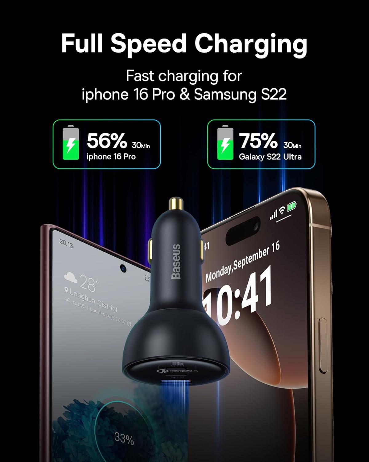 image160W USB C Car Charger Baseus Type C Car Charger QC50 PD30 PPS 3 Ports Super Fast Charging Car Phone Charger Adapter for iPhone 15 14 13 Pro Samsung S22 iPad MacBook Pro