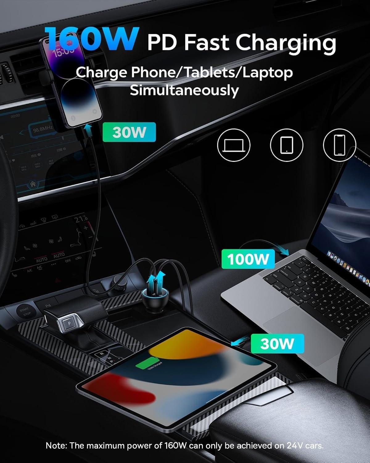 image160W USB C Car Charger Baseus Type C Car Charger QC50 PD30 PPS 3 Ports Super Fast Charging Car Phone Charger Adapter for iPhone 15 14 13 Pro Samsung S22 iPad MacBook Pro