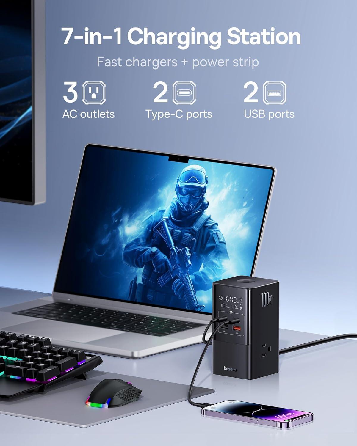 imageBaseus 10in1 USB C Charging Station 35W PowerCombo Fast Charging Power Strip with 6AC2U2C USB USB C Charging Station for Desktop Accessories MacBook Tablets in Office Home and Dorm100W