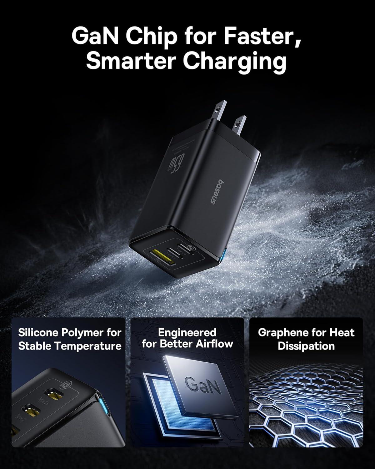 imageBaseus 2 Pack 65W USB C Charger Block PPS 3Port Fast Compact Foldable USB C Charger for MacBook iPad Pro Galaxy S24 iPhone 1716 and More SeriesBlack