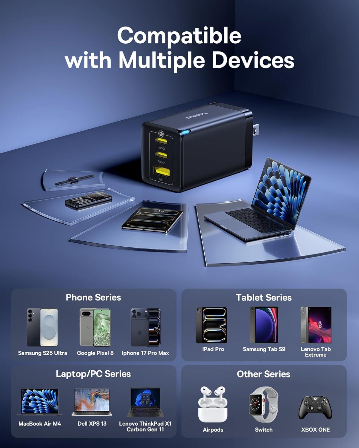 imageBaseus 2 Pack 65W USB C Charger Block PPS 3Port Fast Compact Foldable USB C Charger for MacBook iPad Pro Galaxy S24 iPhone 1716 and More SeriesBlack