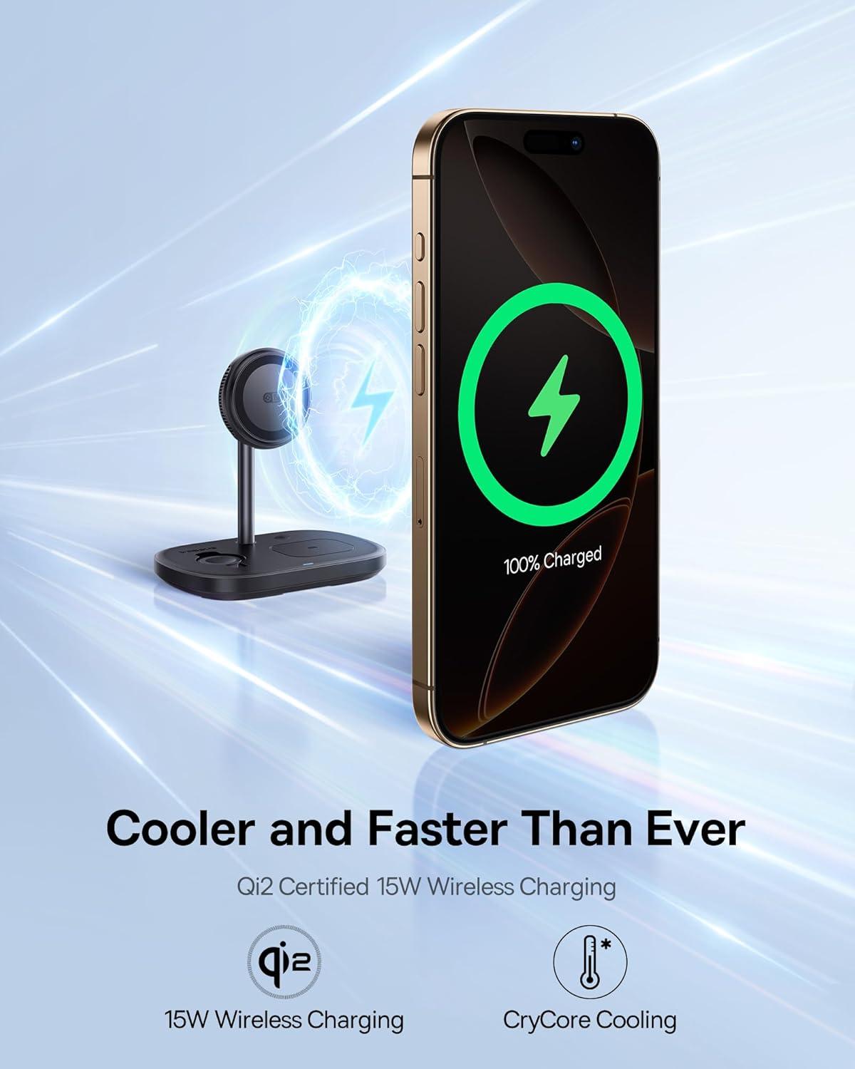 imageBaseus 3 in 1 Wireless Charger Stand Qi2 15W Magnetic Charging Station with TEC Cooling MagSafeCompatible iPhone Charger for iPhone1217 Series Apple Watch AirPods  45W Adapter IncludedQi2 15W