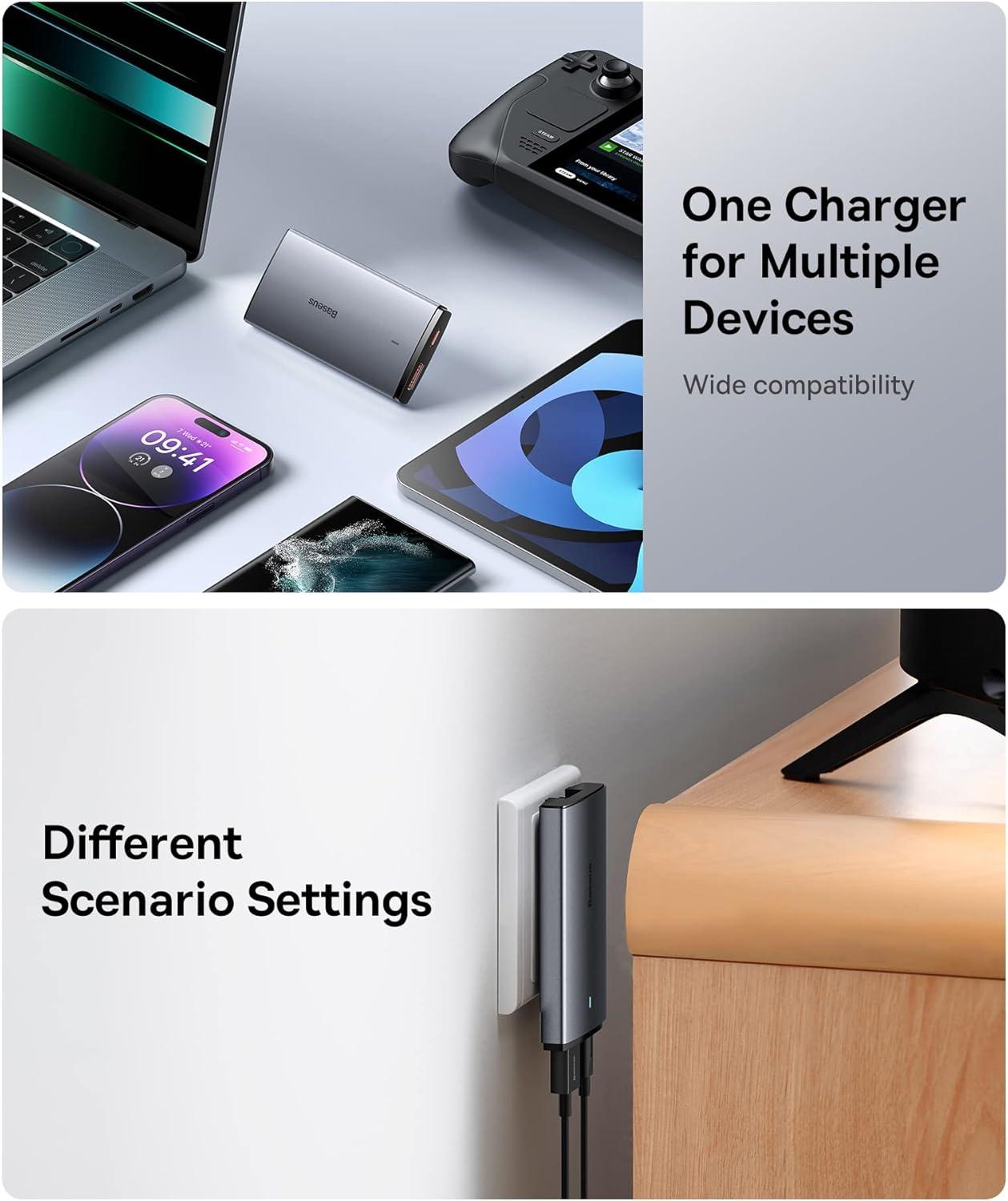 imageBaseus 65W Flat Wall Charger 2 Port UltraSlim USB C GaN Charger with Foldable Plug for MacBook iPhone 161514131211Pro MaxXSXR Samsung iPad Steam Deck with Charging Cable