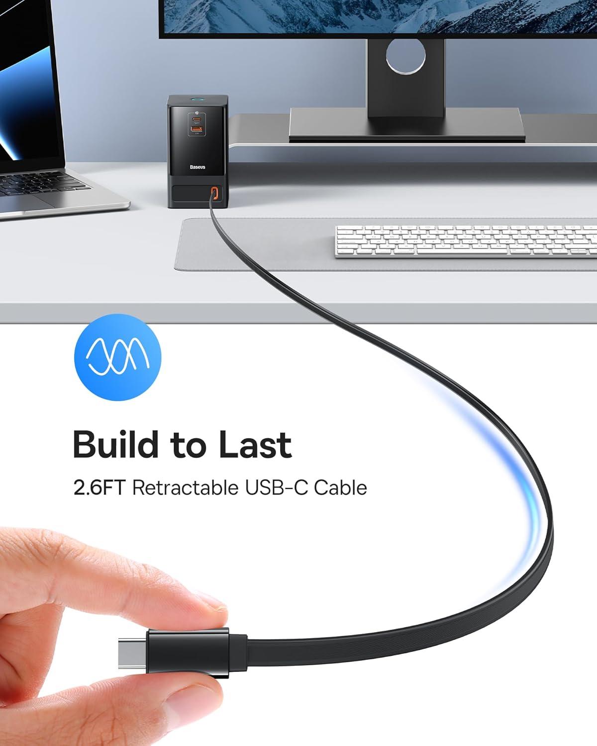 imageBaseus 6in1 65W Charging Station with Retractable USBC Cable Power Combo USB C Power Strip for Multiple Devices Fast Charger for iPhone MacBook Samsung PS5 for HomeOfficeDormTravel