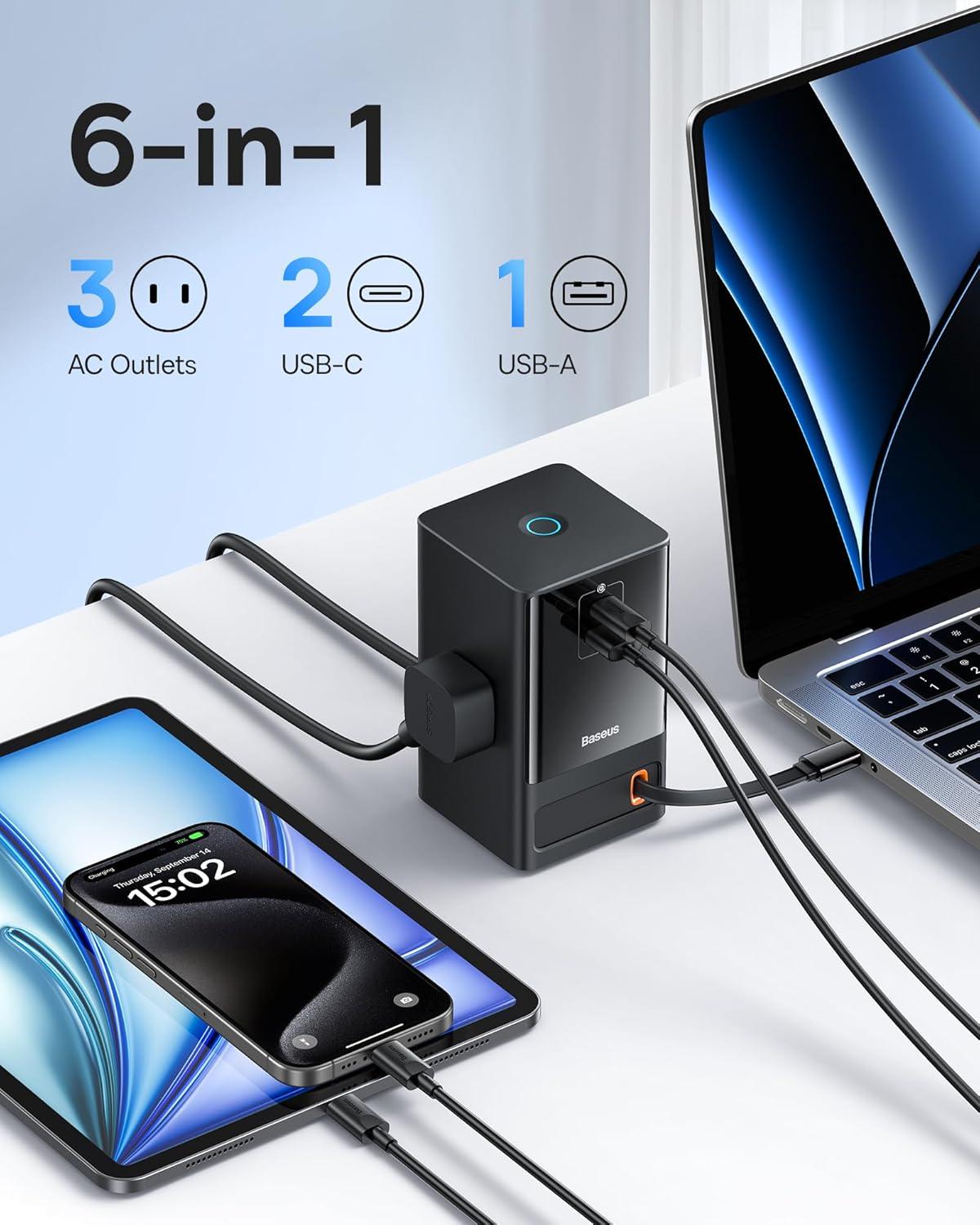 imageBaseus 6in1 65W Charging Station with Retractable USBC Cable Power Combo USB C Power Strip for Multiple Devices Fast Charger for iPhone MacBook Samsung PS5 for HomeOfficeDormTravel