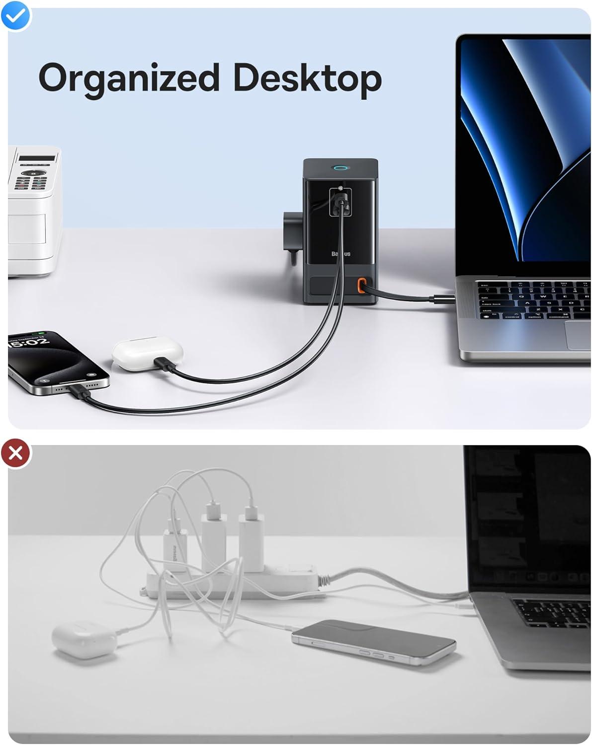 imageBaseus 6in1 65W Charging Station with Retractable USBC Cable Power Combo USB C Power Strip for Multiple Devices Fast Charger for iPhone MacBook Samsung PS5 for HomeOfficeDormTravel