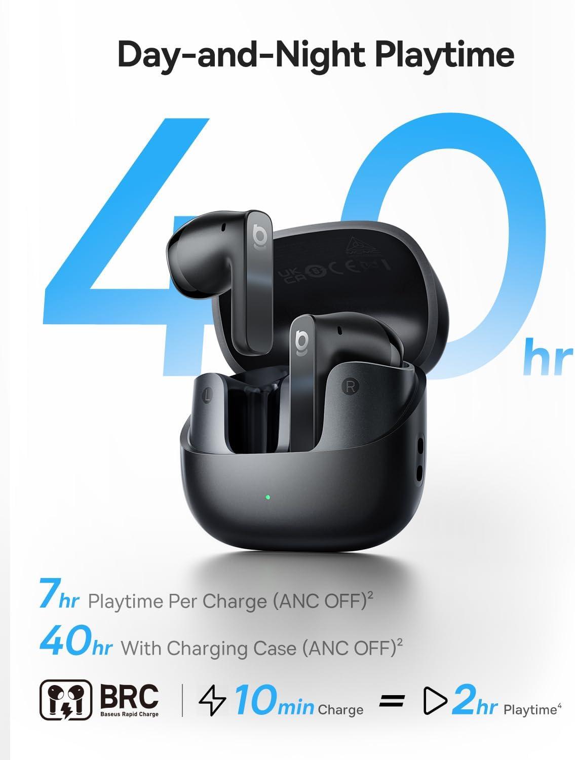 imageBaseus BS1 NC SemiinEar True Wireless Noise Cancelling Earbuds with Adaptive Hybrid ANC HiRes Audio LDAC 40H Playtime 4g UltraLightweight Fit 6Mic AI Clear Call Bluetooth 60 BlackBlack