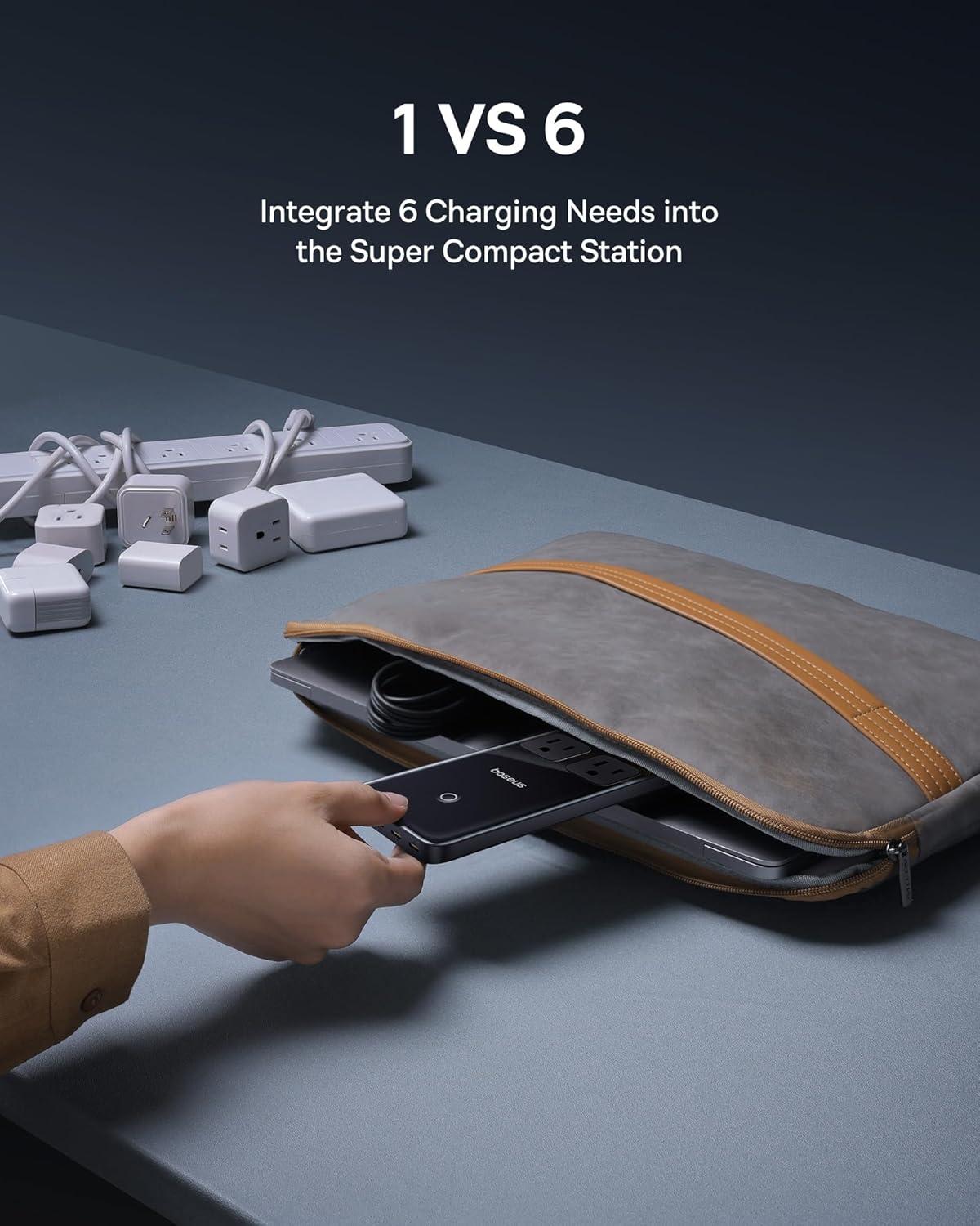 imageBaseus Blade Charging Station 140W 6in1 Compact USB C Power Strip with 5ft Detachable Flat Extension Cord Digital Display Slim Fast Desktop Charger for Work and Travel Not a Portable Battery