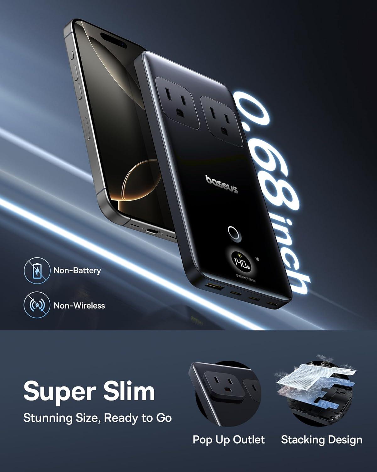 imageBaseus Blade Charging Station 140W 6in1 Compact USB C Power Strip with 5ft Detachable Flat Extension Cord Digital Display Slim Fast Desktop Charger for Work and Travel Not a Portable Battery