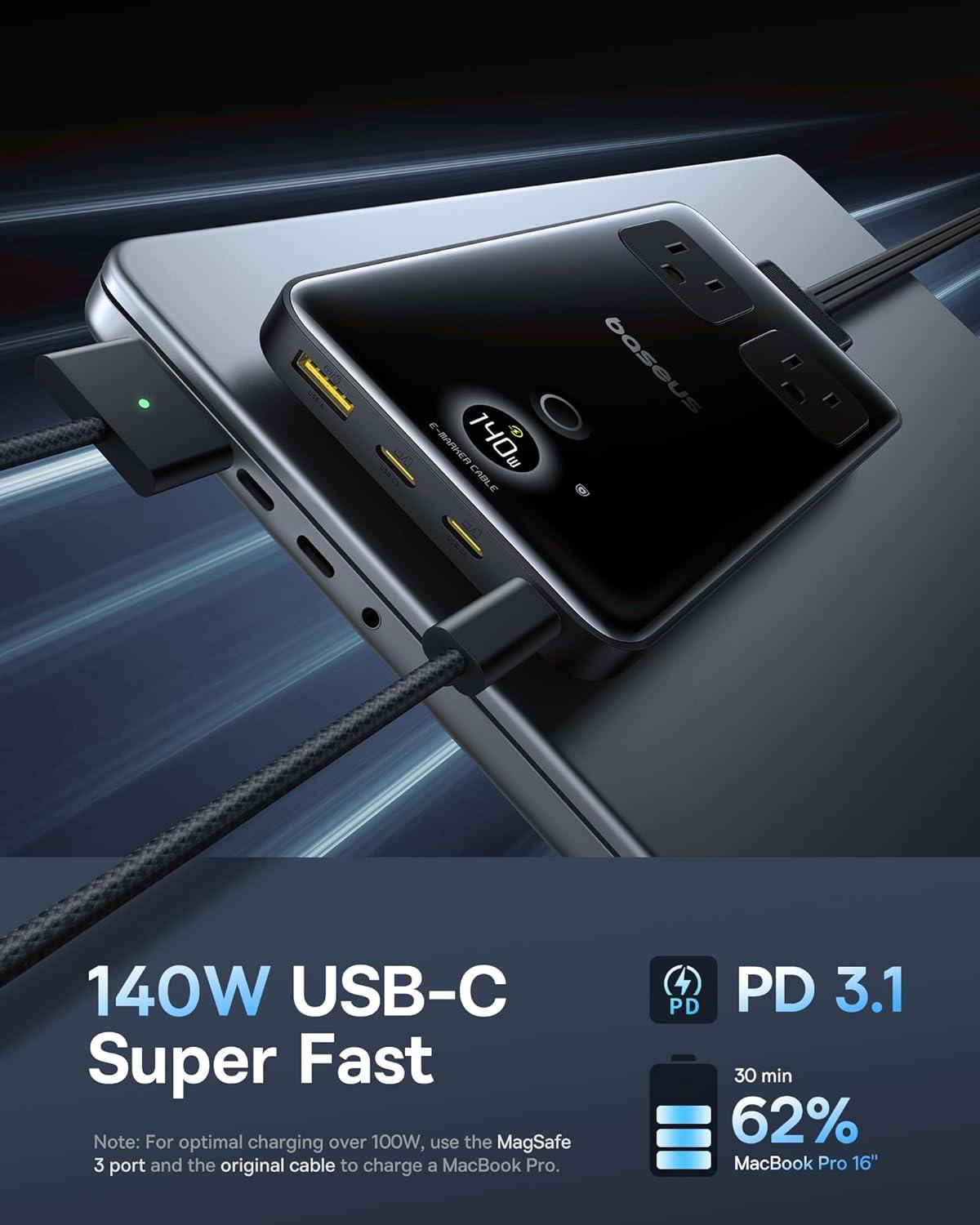 imageBaseus Blade Charging Station 140W 6in1 Compact USB C Power Strip with 5ft Detachable Flat Extension Cord Digital Display Slim Fast Desktop Charger for Work and Travel Not a Portable Battery