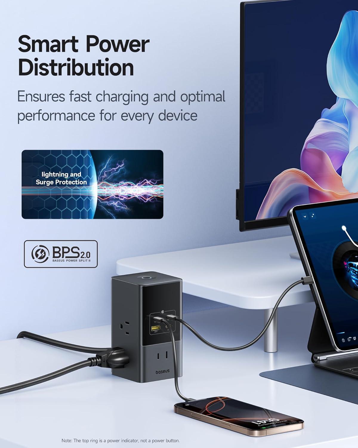 imageBaseus Charging Station 67W 10in1 USBC PD Fast Charging Desktop Charger with 1200J Surge Protection 5ft Extension Cord 6 AC 3 USBC 1 USBA Ports for iPhone 1615 MacBook Tablet Desktop67W