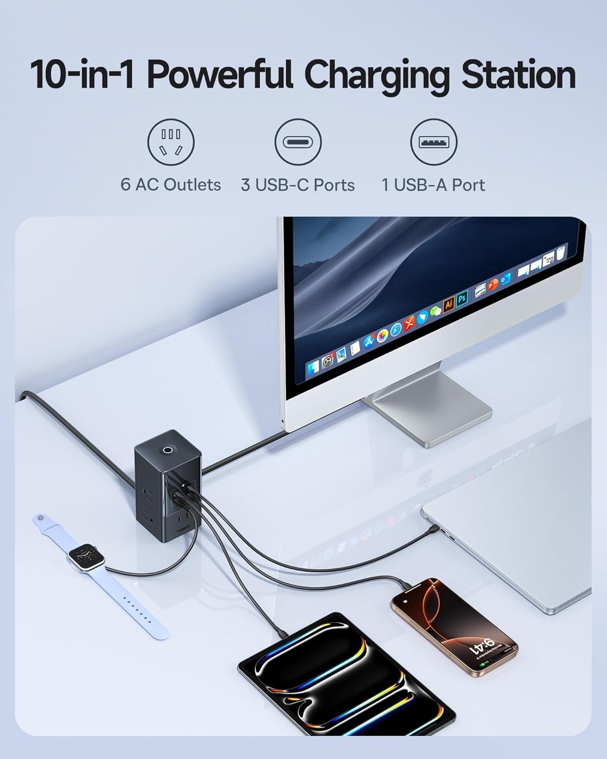 imageBaseus Charging Station 67W 10in1 USBC PD Fast Charging Desktop Charger with 1200J Surge Protection 5ft Extension Cord 6 AC 3 USBC 1 USBA Ports for iPhone 1615 MacBook Tablet Desktop67W