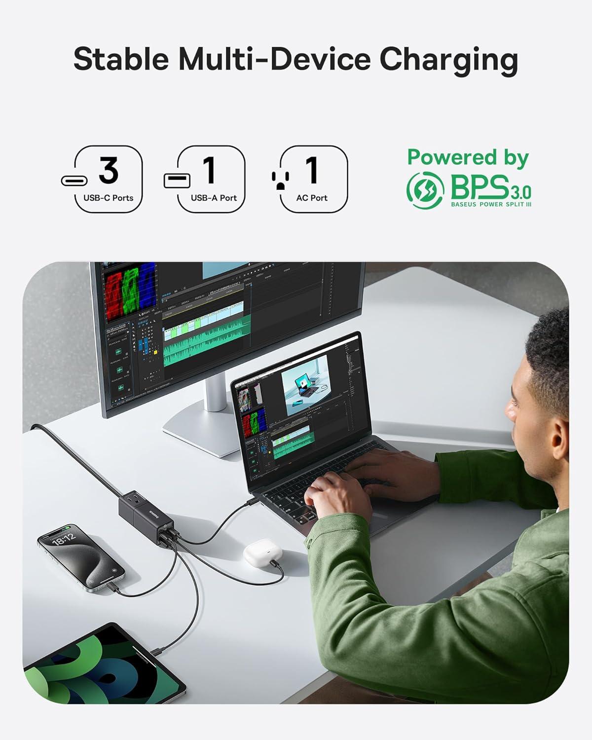 imageBaseus Charging Station 67W 5 in 1 Detachable Travel Power Strip USB C Fast Charger 5ft Flat Extension Cord with 2 AC Outlets Portable Charger for MacBook Pro iPhone Cruise Travel Essentials67W