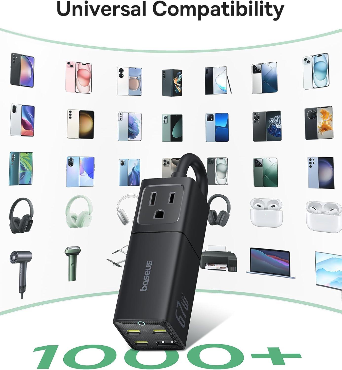 imageBaseus Charging Station 67W 5 in 1 Detachable Travel Power Strip USB C Fast Charger 5ft Flat Extension Cord with 2 AC Outlets Portable Charger for MacBook Pro iPhone Cruise Travel Essentials67W