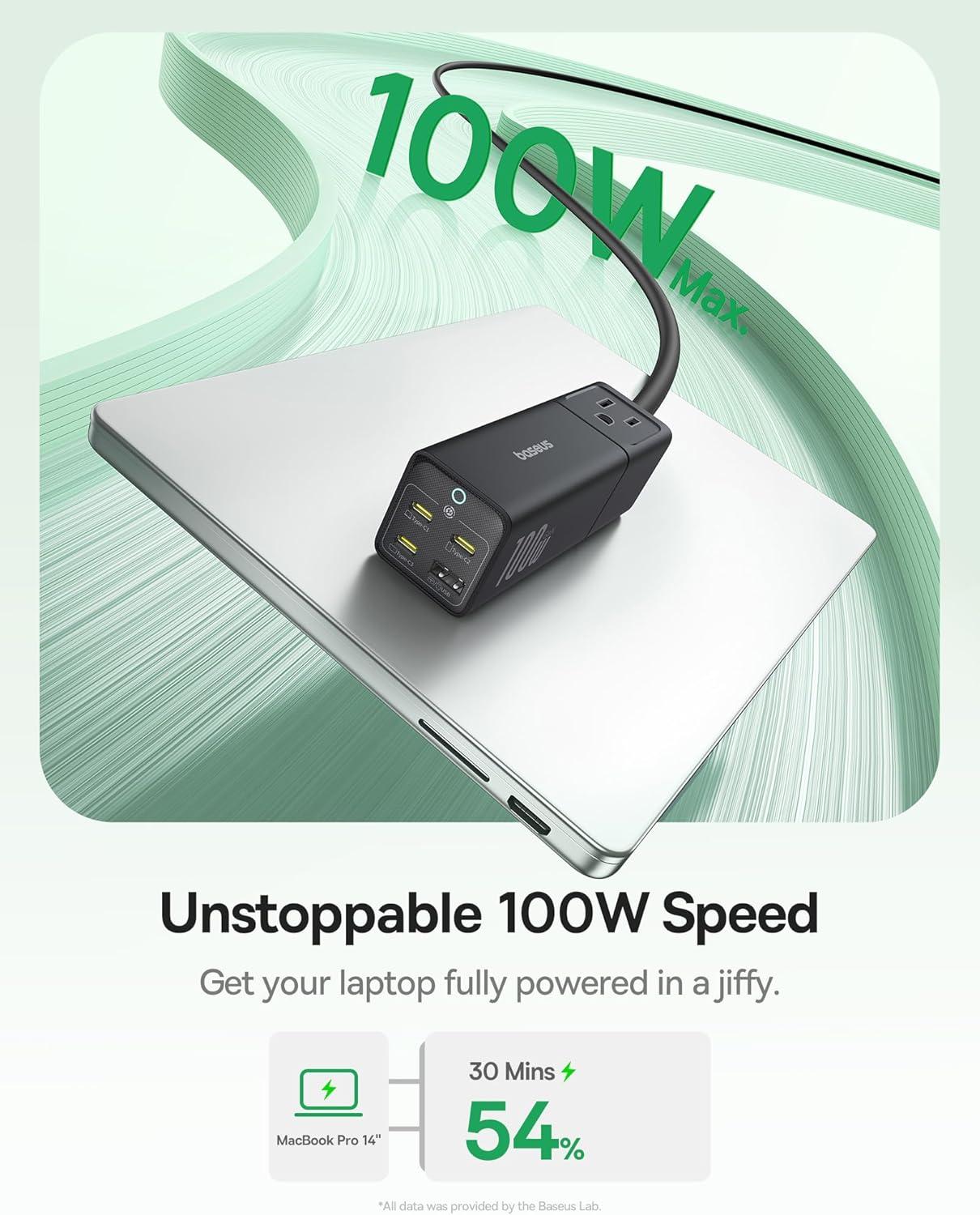 imageBaseus Charging Station 67W 5 in 1 Detachable Travel Power Strip USB C Fast Charger 5ft Flat Extension Cord with 2 AC Outlets Portable Charger for MacBook Pro iPhone Cruise Travel Essentials100W