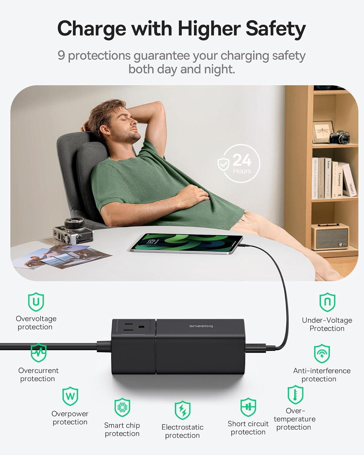 imageBaseus Charging Station 67W 5 in 1 Detachable Travel Power Strip USB C Fast Charger 5ft Flat Extension Cord with 2 AC Outlets Portable Charger for MacBook Pro iPhone Cruise Travel Essentials100W