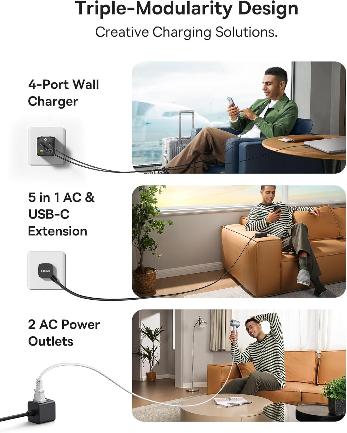 imageBaseus Charging Station 67W 5 in 1 Detachable Travel Power Strip USB C Fast Charger 5ft Flat Extension Cord with 2 AC Outlets Portable Charger for MacBook Pro iPhone Cruise Travel Essentials67W
