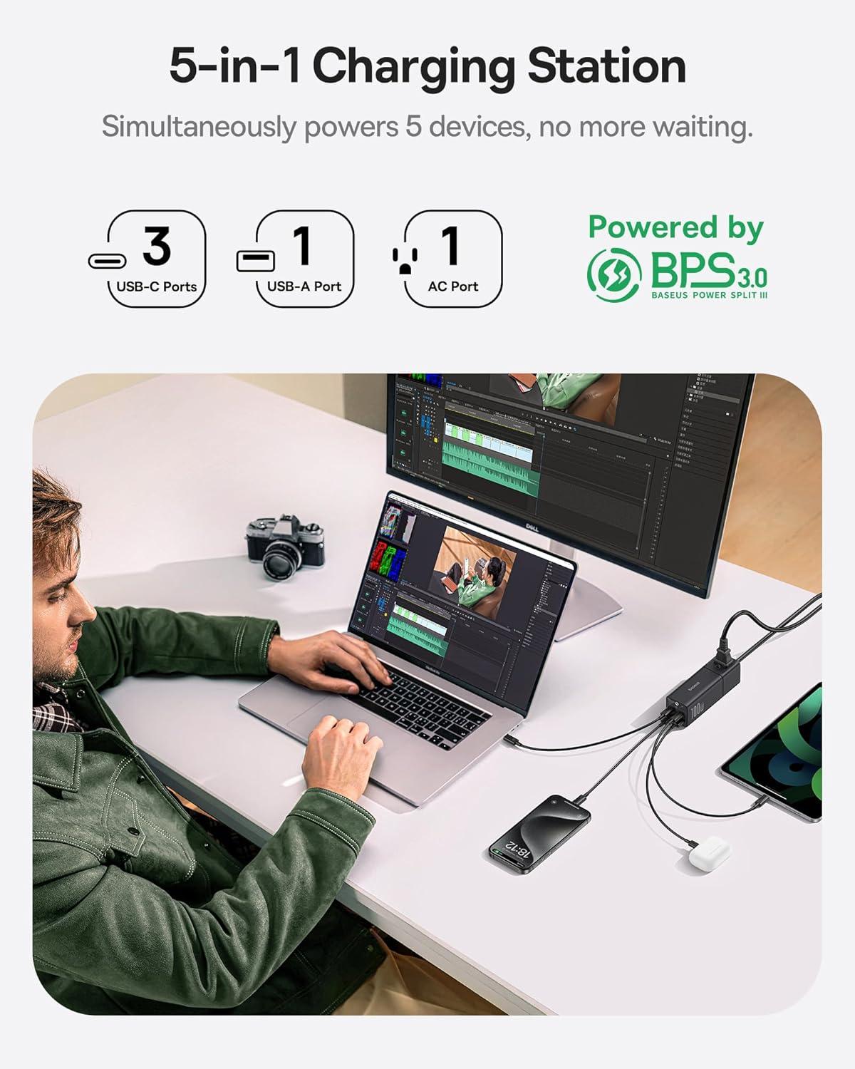 imageBaseus Charging Station 67W 5 in 1 Detachable Travel Power Strip USB C Fast Charger 5ft Flat Extension Cord with 2 AC Outlets Portable Charger for MacBook Pro iPhone Cruise Travel Essentials100W