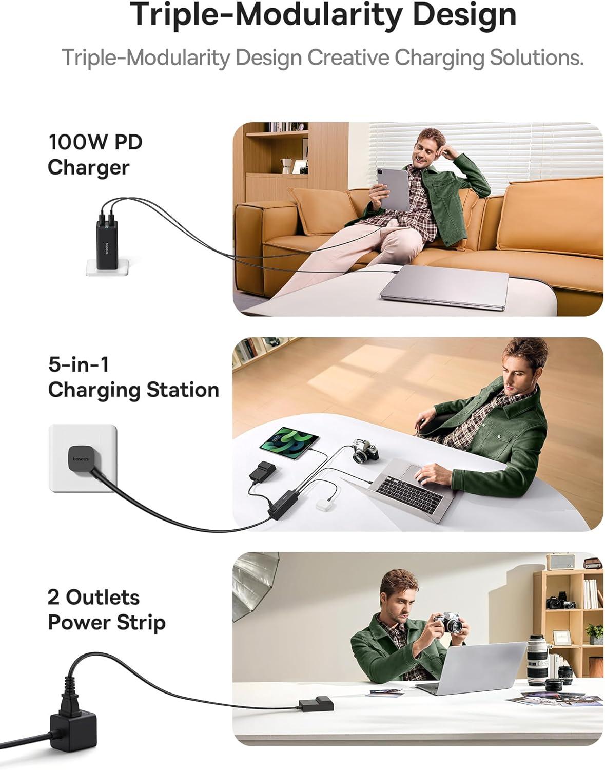 imageBaseus Charging Station 67W 5 in 1 Detachable Travel Power Strip USB C Fast Charger 5ft Flat Extension Cord with 2 AC Outlets Portable Charger for MacBook Pro iPhone Cruise Travel Essentials100W