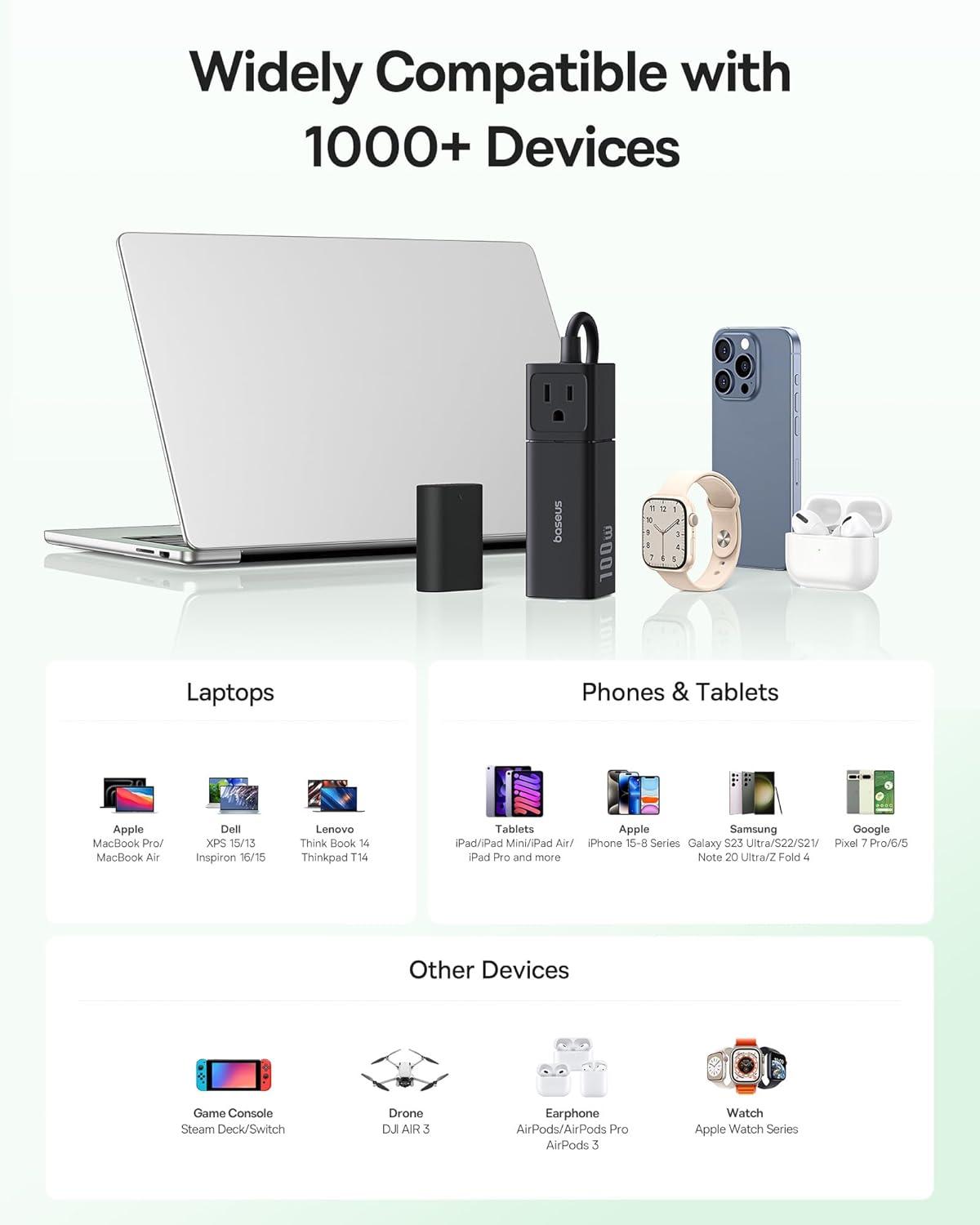 imageBaseus Charging Station 67W 5 in 1 Detachable Travel Power Strip USB C Fast Charger 5ft Flat Extension Cord with 2 AC Outlets Portable Charger for MacBook Pro iPhone Cruise Travel Essentials100W