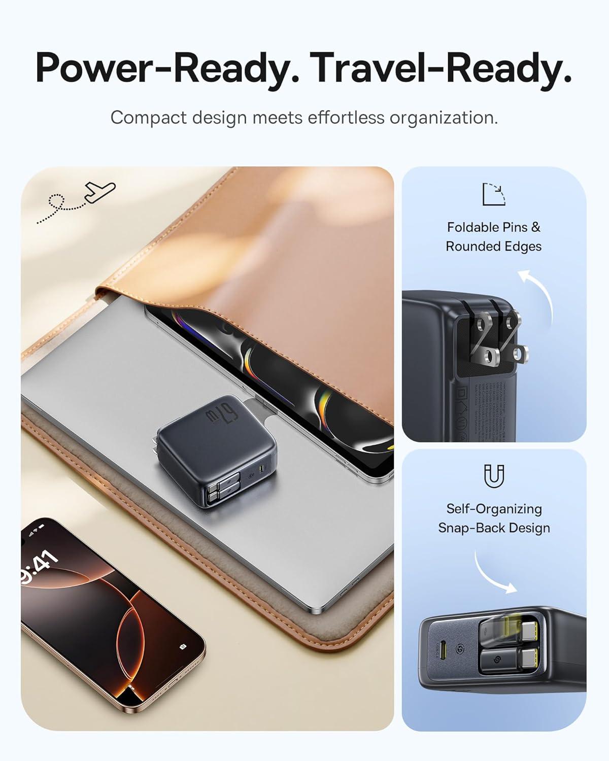 imageBaseus Enercore CJ11 Retractable USB C Charger 67W 3 in 1 Fast Charging Block with Foldable Plug PDPPS for Galaxy S25iPhone 171615 SeriesMacBook AirAirpods 467W 2