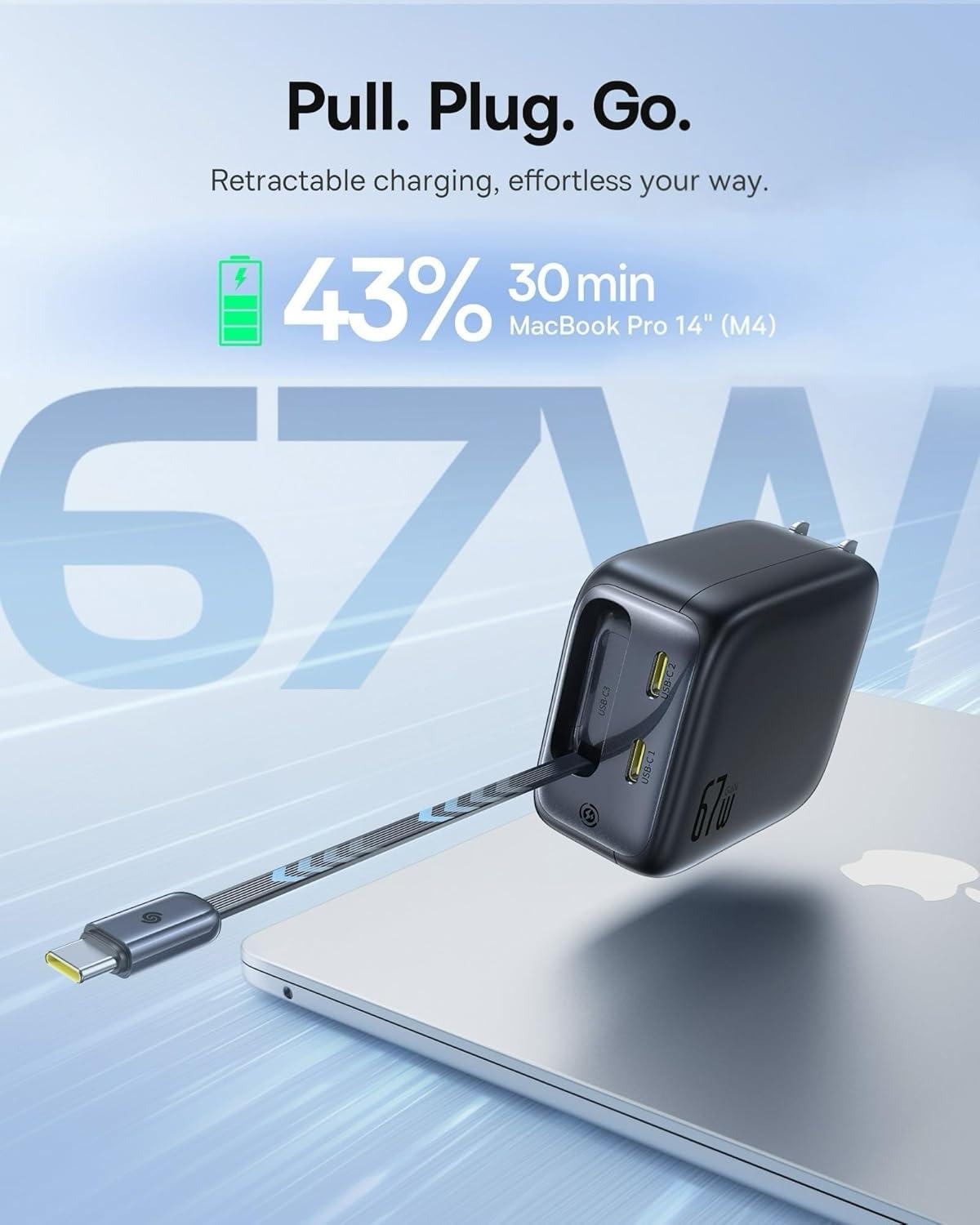 imageBaseus Enercore CJ11 Retractable USB C Charger 67W 3 in 1 Fast Charging Block with Foldable Plug PDPPS for Galaxy S25iPhone 171615 SeriesMacBook AirAirpods 467W