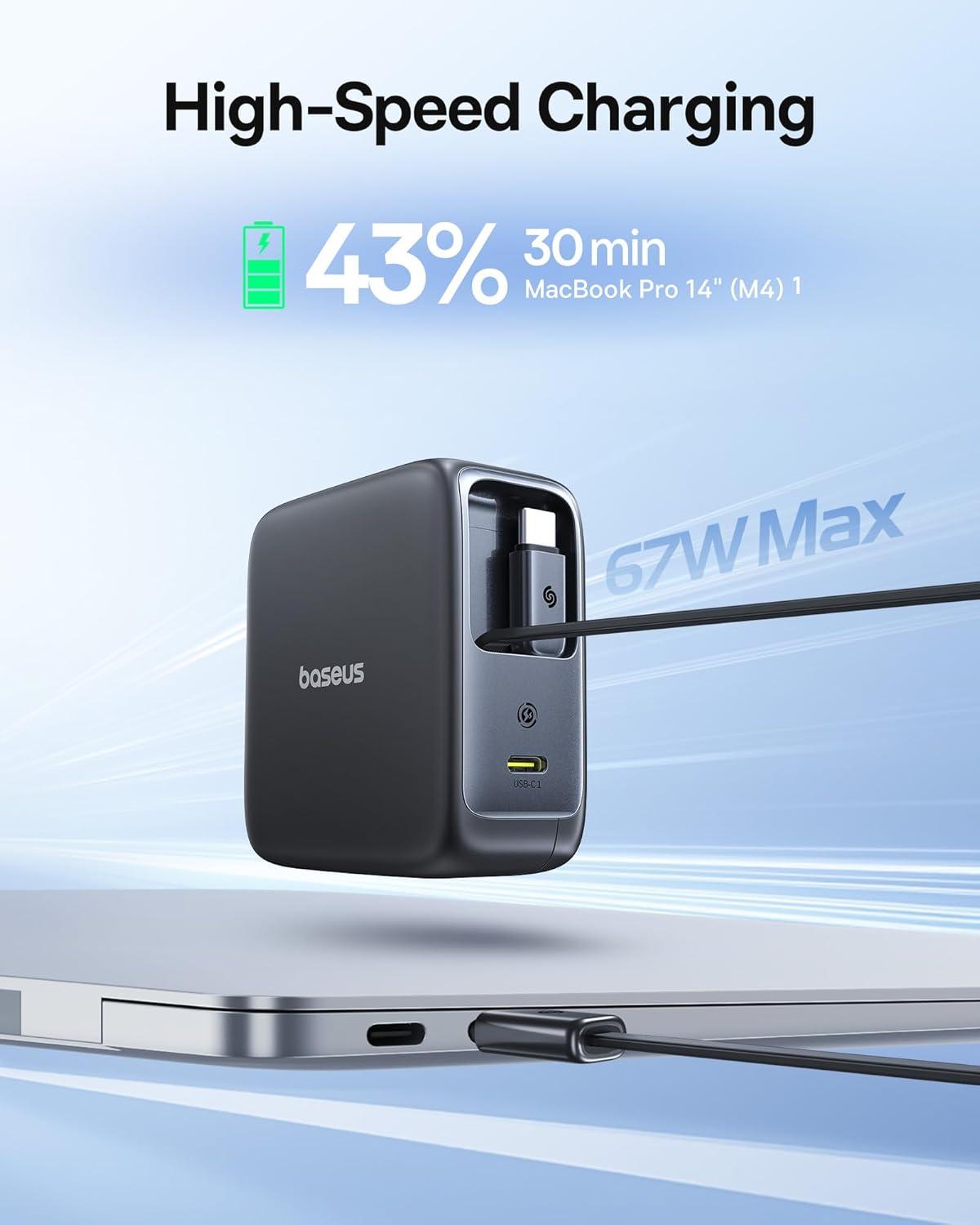 imageBaseus Enercore CJ11 Retractable USB C Charger 67W 3 in 1 Fast Charging Block with Foldable Plug PDPPS for Galaxy S25iPhone 171615 SeriesMacBook AirAirpods 467W 2