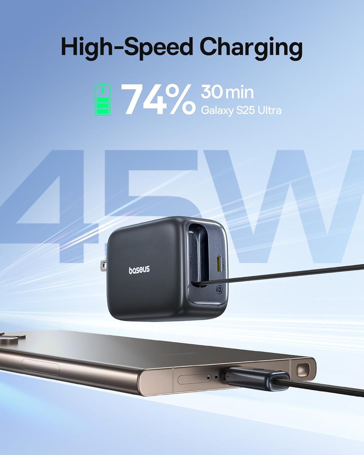 imageBaseus Enercore CJ11 Retractable USB C Charger 67W 3 in 1 Fast Charging Block with Foldable Plug PDPPS for Galaxy S25iPhone 171615 SeriesMacBook AirAirpods 445W