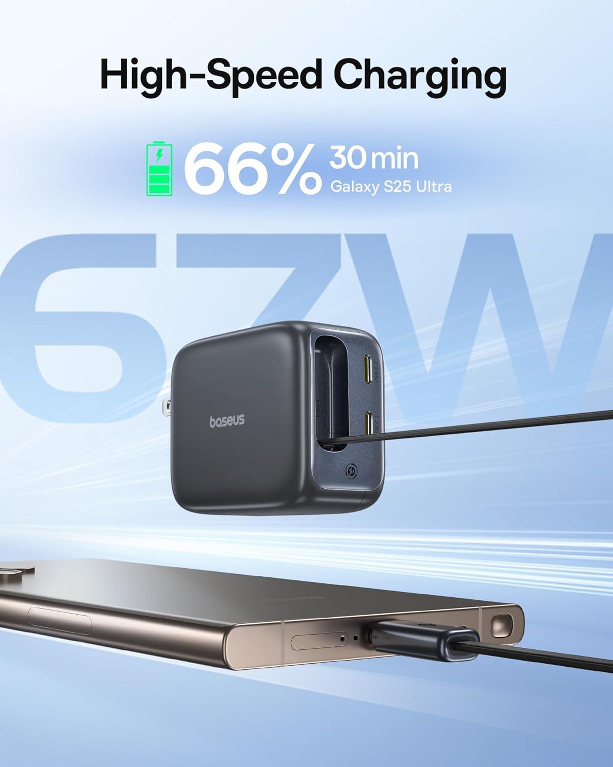 imageBaseus Enercore CJ11 Retractable USB C Charger 67W 3 in 1 Fast Charging Block with Foldable Plug PDPPS for Galaxy S25iPhone 171615 SeriesMacBook AirAirpods 467W