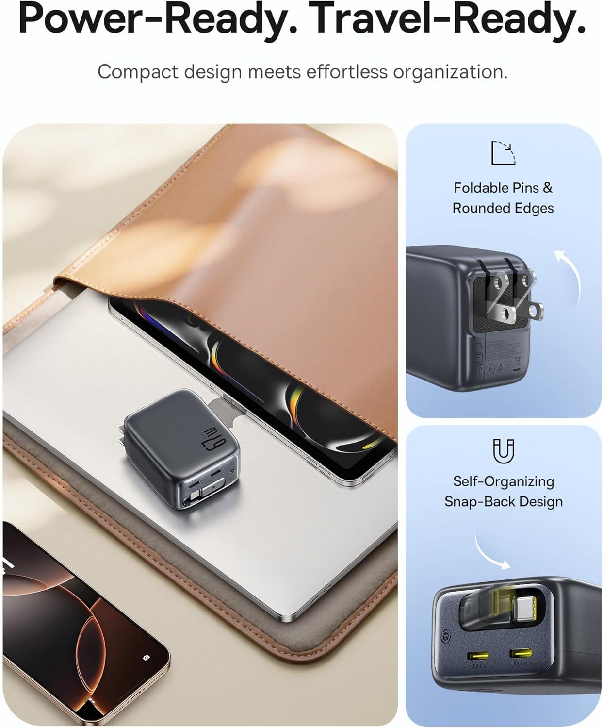 imageBaseus Enercore CJ11 Retractable USB C Charger 67W 3 in 1 Fast Charging Block with Foldable Plug PDPPS for Galaxy S25iPhone 171615 SeriesMacBook AirAirpods 467W
