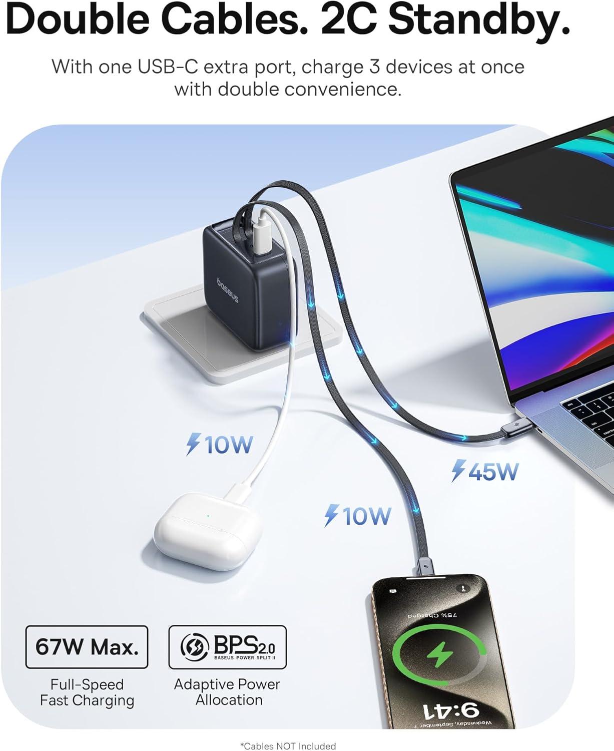 imageBaseus Enercore CJ11 Retractable USB C Charger 67W 3 in 1 Fast Charging Block with Foldable Plug PDPPS for Galaxy S25iPhone 171615 SeriesMacBook AirAirpods 467W 2