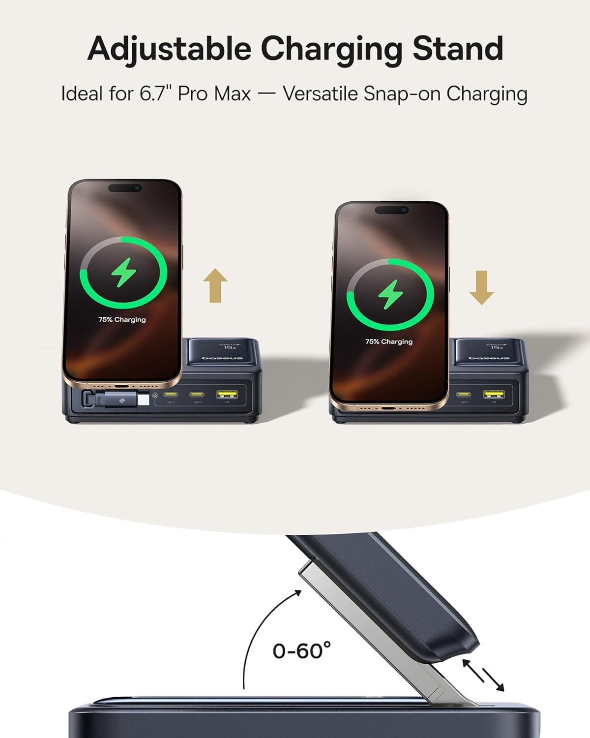 imageBaseus Nomos 5in1 Charging Station 140W Qi2 Certified 15W Magnetic Wireless Charger with 100W Retractable Cable GaN Fast USB C Desktop Charger for Magsafe iPhone 1615 Pro Max MacBook Pro