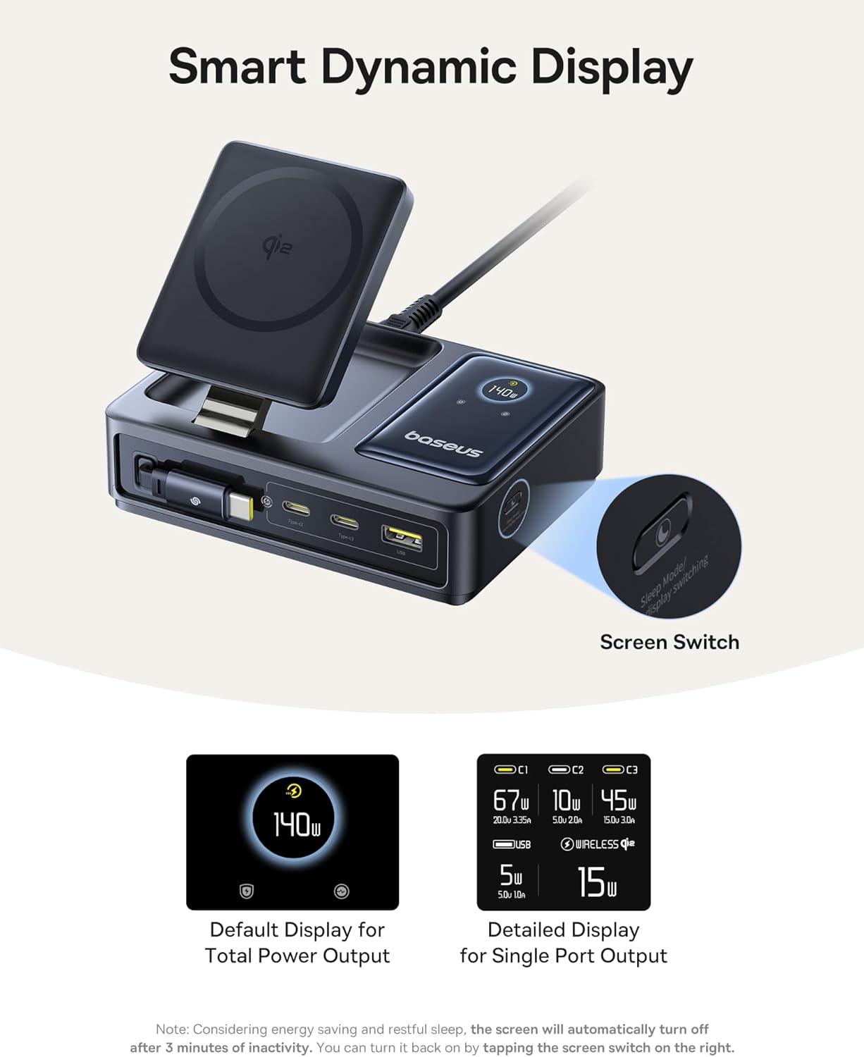 imageBaseus Nomos 5in1 Charging Station 140W Qi2 Certified 15W Magnetic Wireless Charger with 100W Retractable Cable GaN Fast USB C Desktop Charger for Magsafe iPhone 1615 Pro Max MacBook Pro