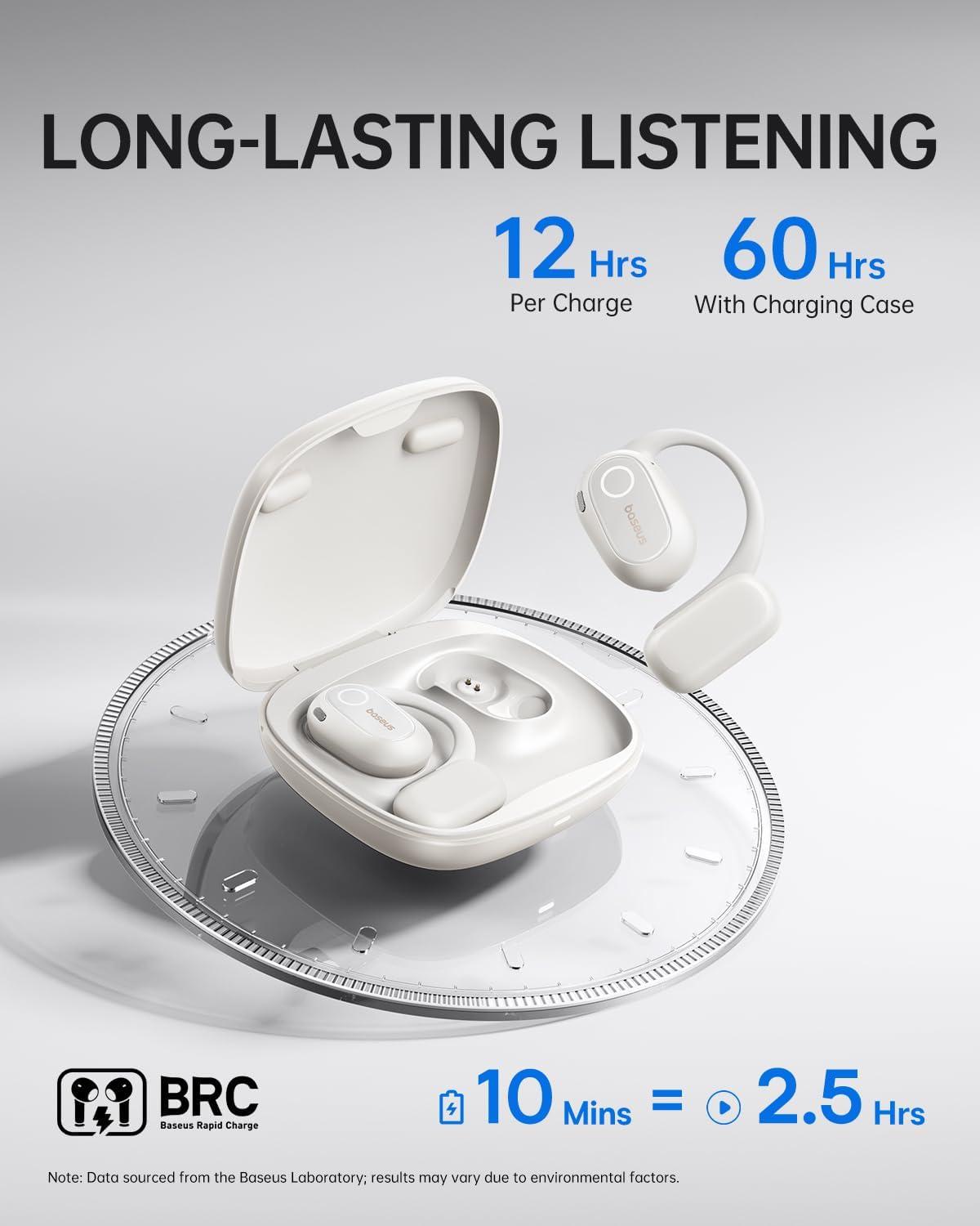 imageBaseus OpenEar Headphones HiRes Wireless Audio with LDAC Rich Bass Comfortable Silicone Cushion Design 60H Play AI Clear Calls Bluetooth 54 IPX4 OpenEar Earbuds  Bowie MF1White
