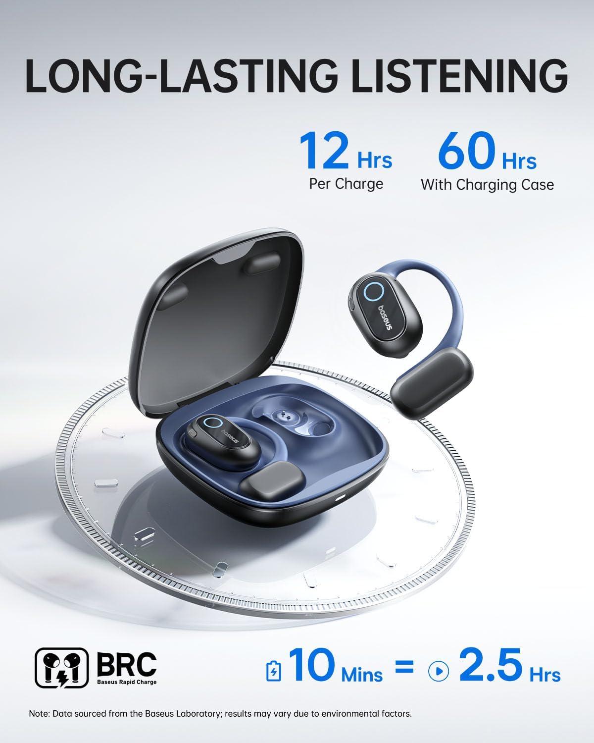 imageBaseus OpenEar Headphones HiRes Wireless Audio with LDAC Rich Bass Comfortable Silicone Cushion Design 60H Play AI Clear Calls Bluetooth 54 IPX4 OpenEar Earbuds  Bowie MF1Black