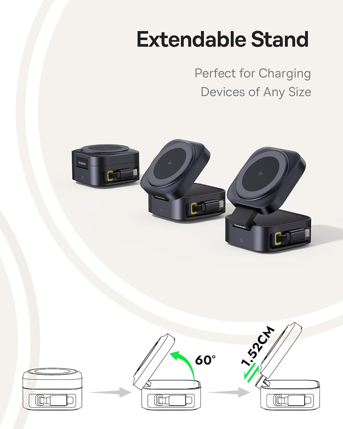 imageBaseus PicoGo W2 Wireless Charger Qi2 Certified 15W Magnetic Charger Stand with 65W Retractable Cable 2in1 Wireless Charging Station for Tablet iPhone 1716151413 Series AirPods