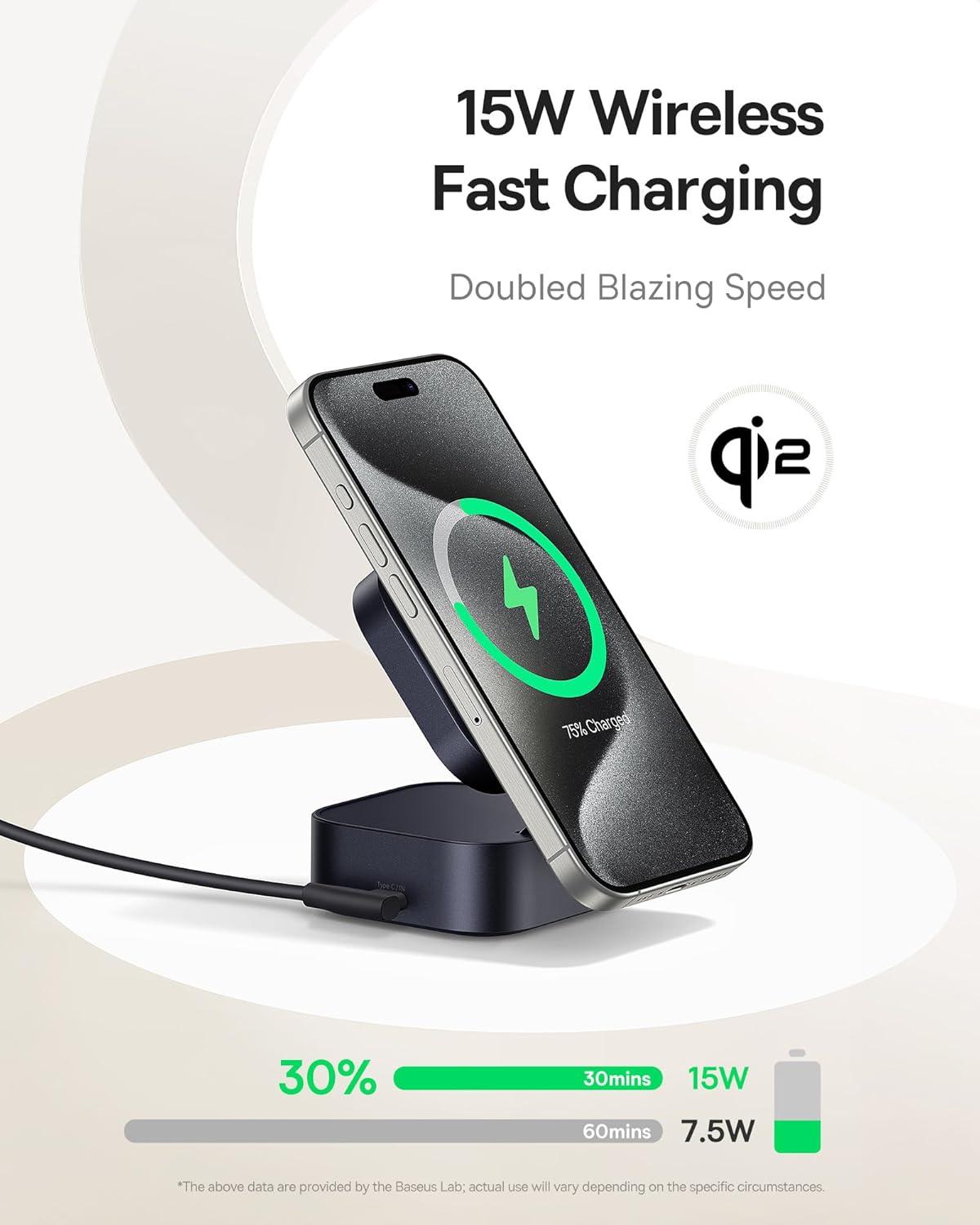 imageBaseus PicoGo W2 Wireless Charger Qi2 Certified 15W Magnetic Charger Stand with 65W Retractable Cable 2in1 Wireless Charging Station for Tablet iPhone 1716151413 Series AirPods