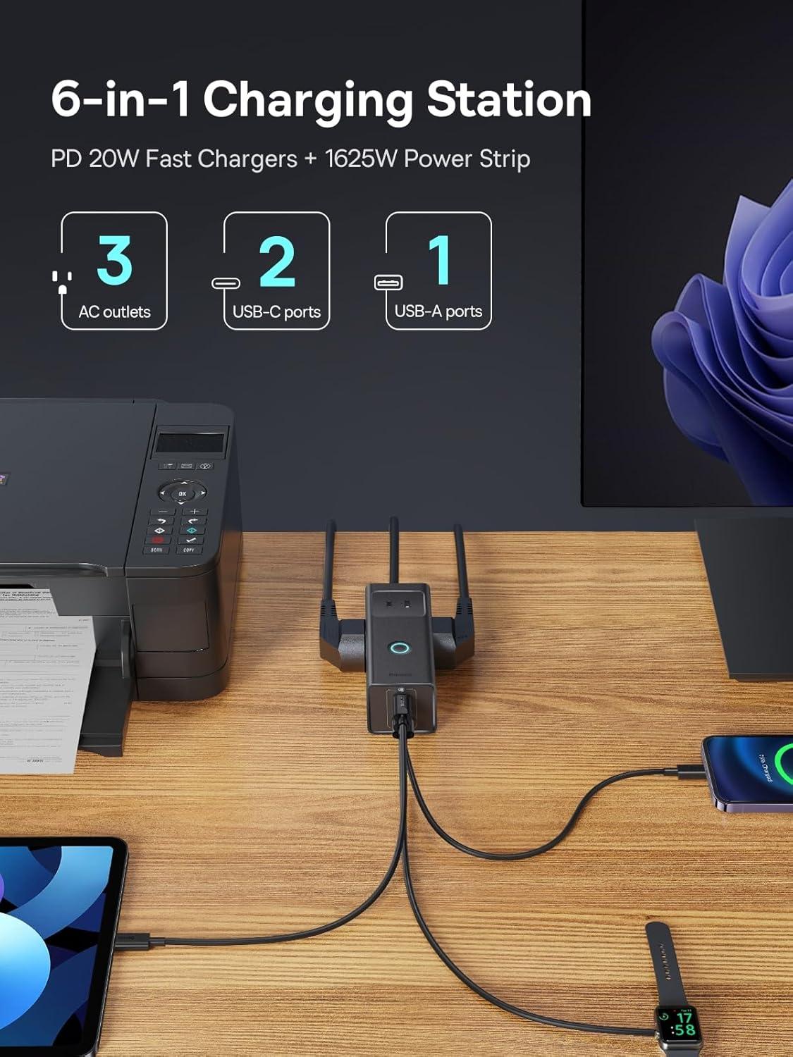 imageBaseus Power Strip Surge Protector 1200J  PD20W USB C Charger Extension Cord with 3 AC Outlets ampamp 3 USB Port Fast Charging Charging Station for Office Dorm Room HomePD20WBlack