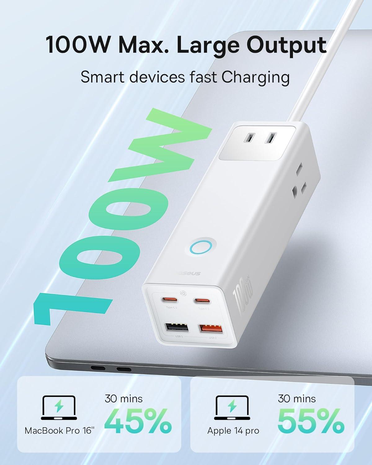 imageBaseus Power Strip Surge Protector 1200J  PD20W USB C Charger Extension Cord with 3 AC Outlets ampamp 3 USB Port Fast Charging Charging Station for Office Dorm Room HomePD100WWhite