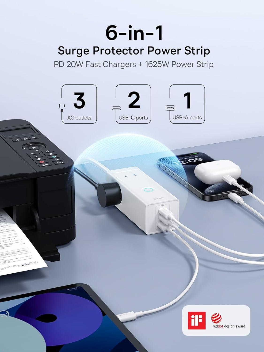 imageBaseus Power Strip Surge Protector 1200J  PD20W USB C Charger Extension Cord with 3 AC Outlets ampamp 3 USB Port Fast Charging Charging Station for Office Dorm Room HomePD20WWhite
