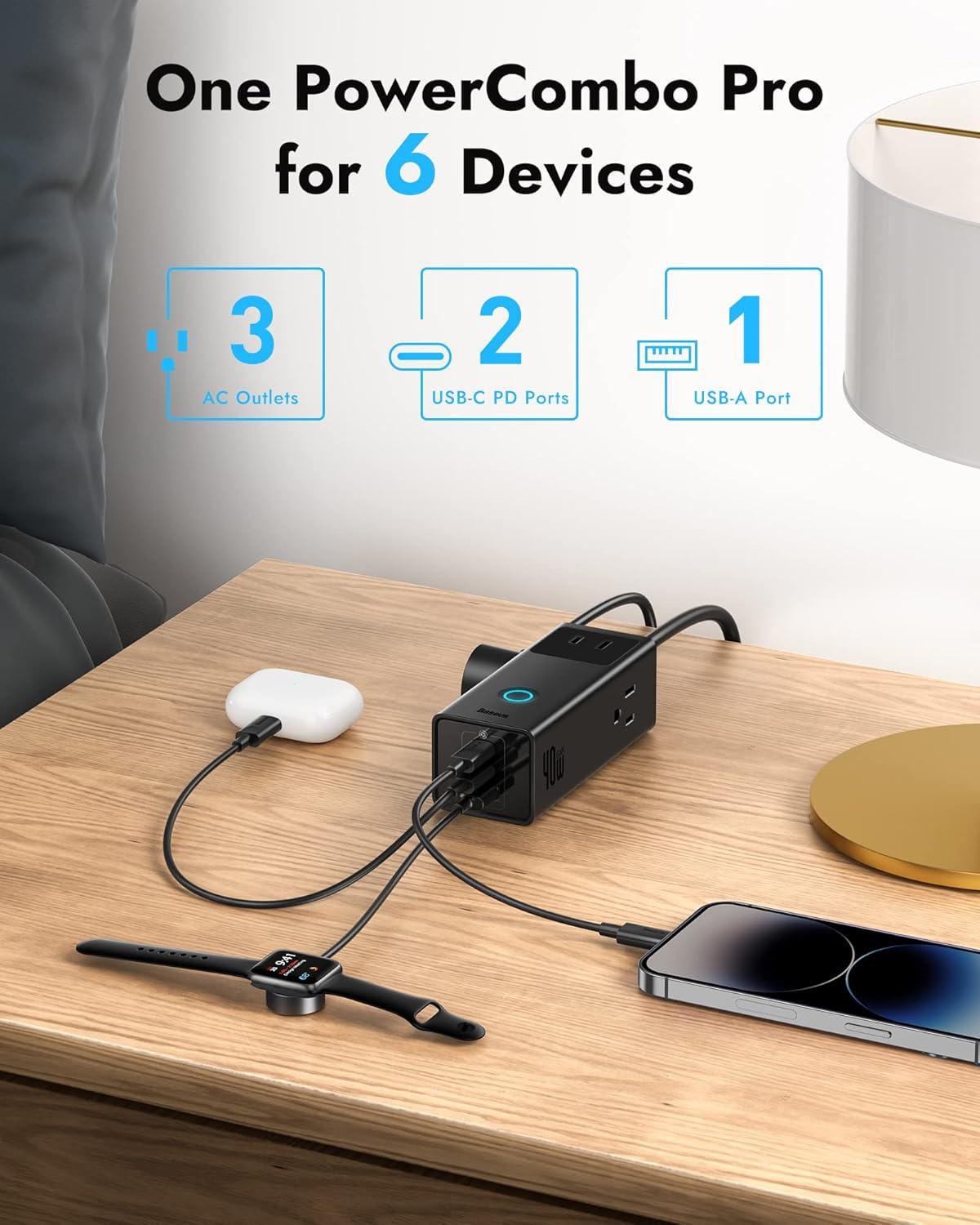 imageBaseus Power Strip Surge Protector 1200J  PD20W USB C Charger Extension Cord with 3 AC Outlets ampamp 3 USB Port Fast Charging Charging Station for Office Dorm Room HomePD40WBlack