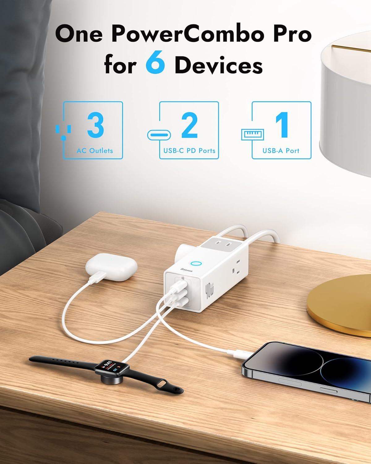 imageBaseus Power Strip Surge Protector 1200J  PD20W USB C Charger Extension Cord with 3 AC Outlets ampamp 3 USB Port Fast Charging Charging Station for Office Dorm Room HomePD40WWhite