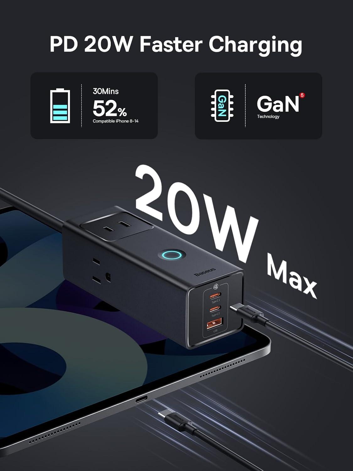 imageBaseus Power Strip Surge Protector 1200J  PD20W USB C Charger Extension Cord with 3 AC Outlets ampamp 3 USB Port Fast Charging Charging Station for Office Dorm Room HomePD20WBlack