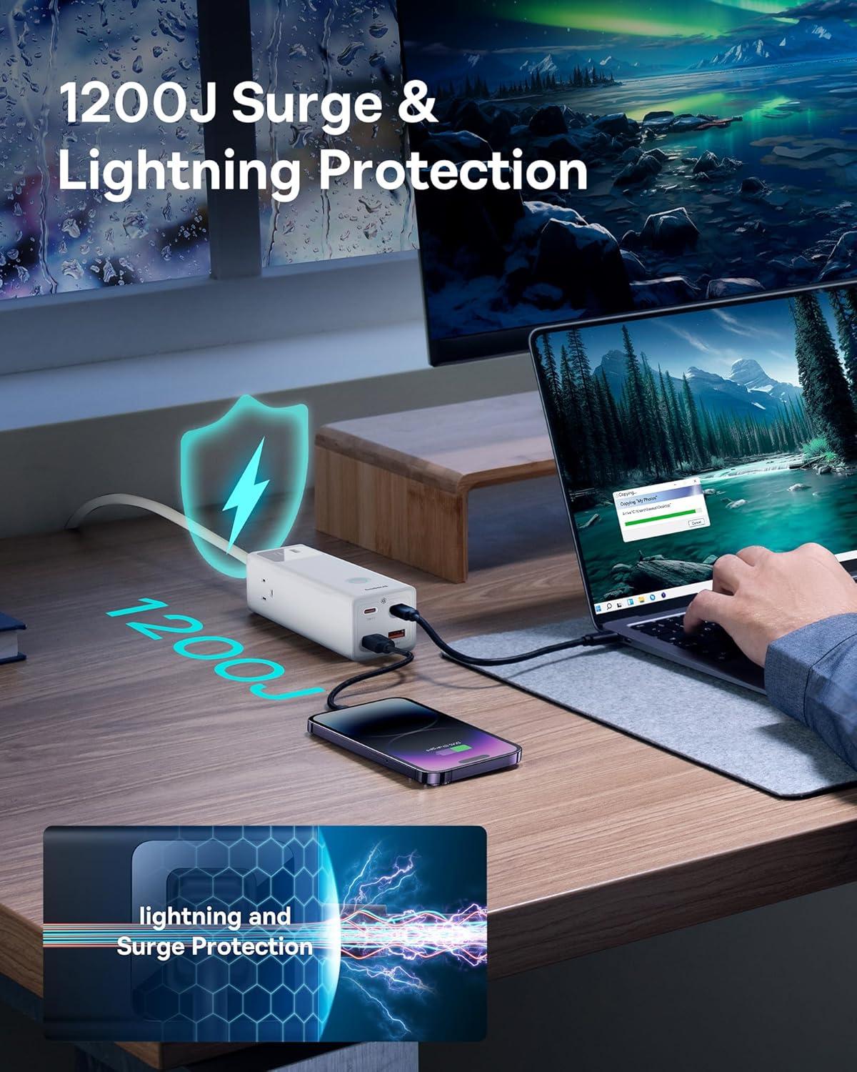 imageBaseus Power Strip Surge Protector 1200J  PD20W USB C Charger Extension Cord with 3 AC Outlets ampamp 3 USB Port Fast Charging Charging Station for Office Dorm Room HomePD100WWhite