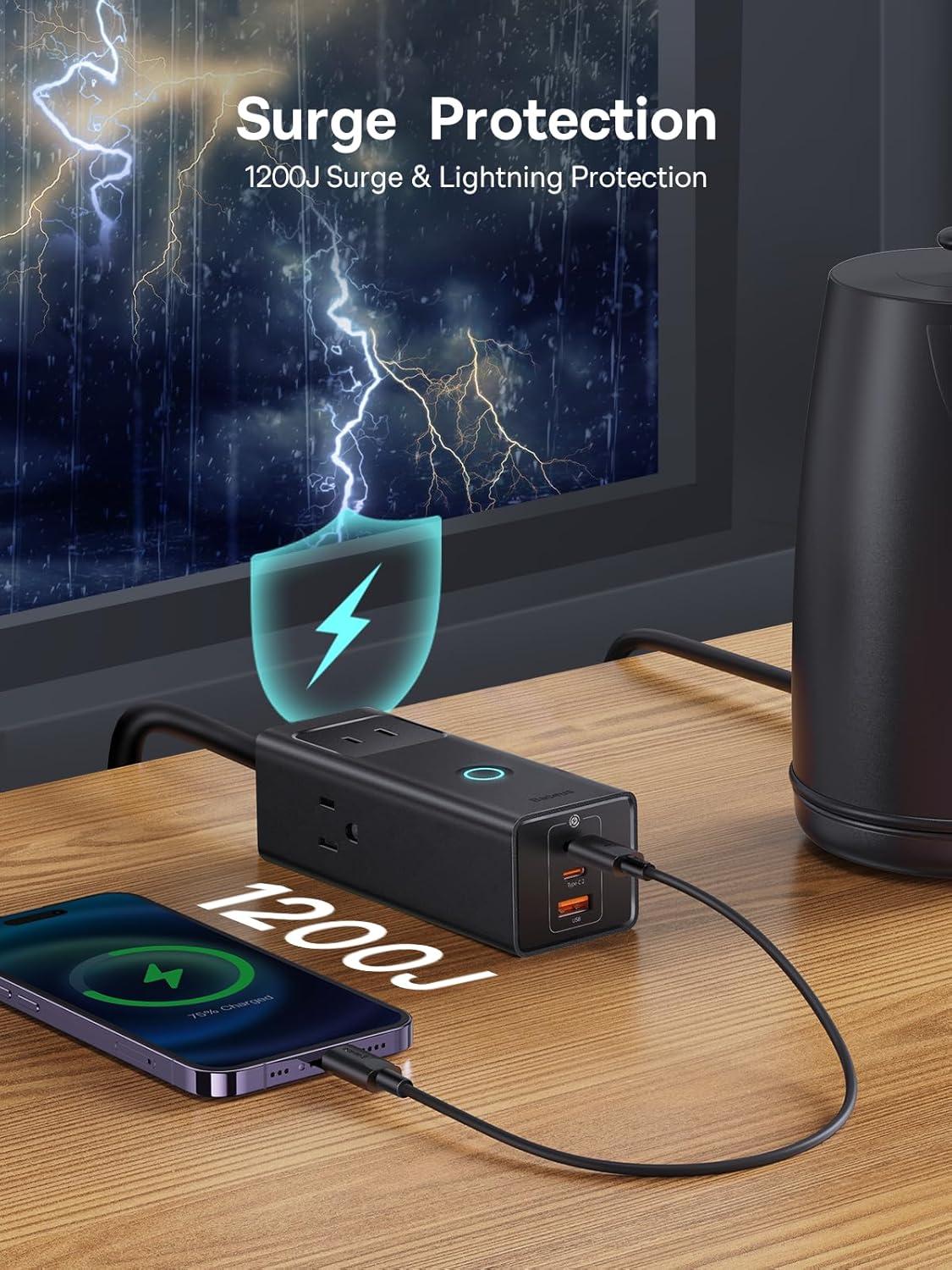 imageBaseus Power Strip Surge Protector 1200J  PD20W USB C Charger Extension Cord with 3 AC Outlets ampamp 3 USB Port Fast Charging Charging Station for Office Dorm Room HomePD20WBlack