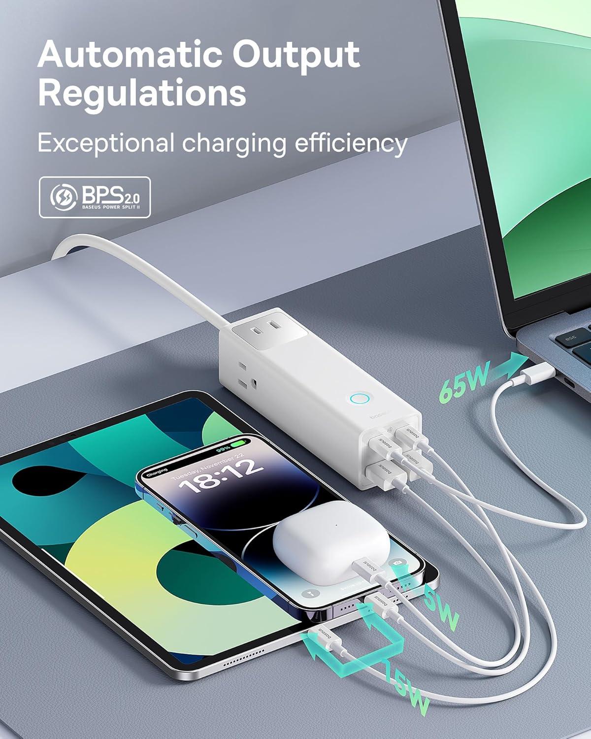 imageBaseus Power Strip Surge Protector 1200J  PD20W USB C Charger Extension Cord with 3 AC Outlets ampamp 3 USB Port Fast Charging Charging Station for Office Dorm Room HomePD100WWhite